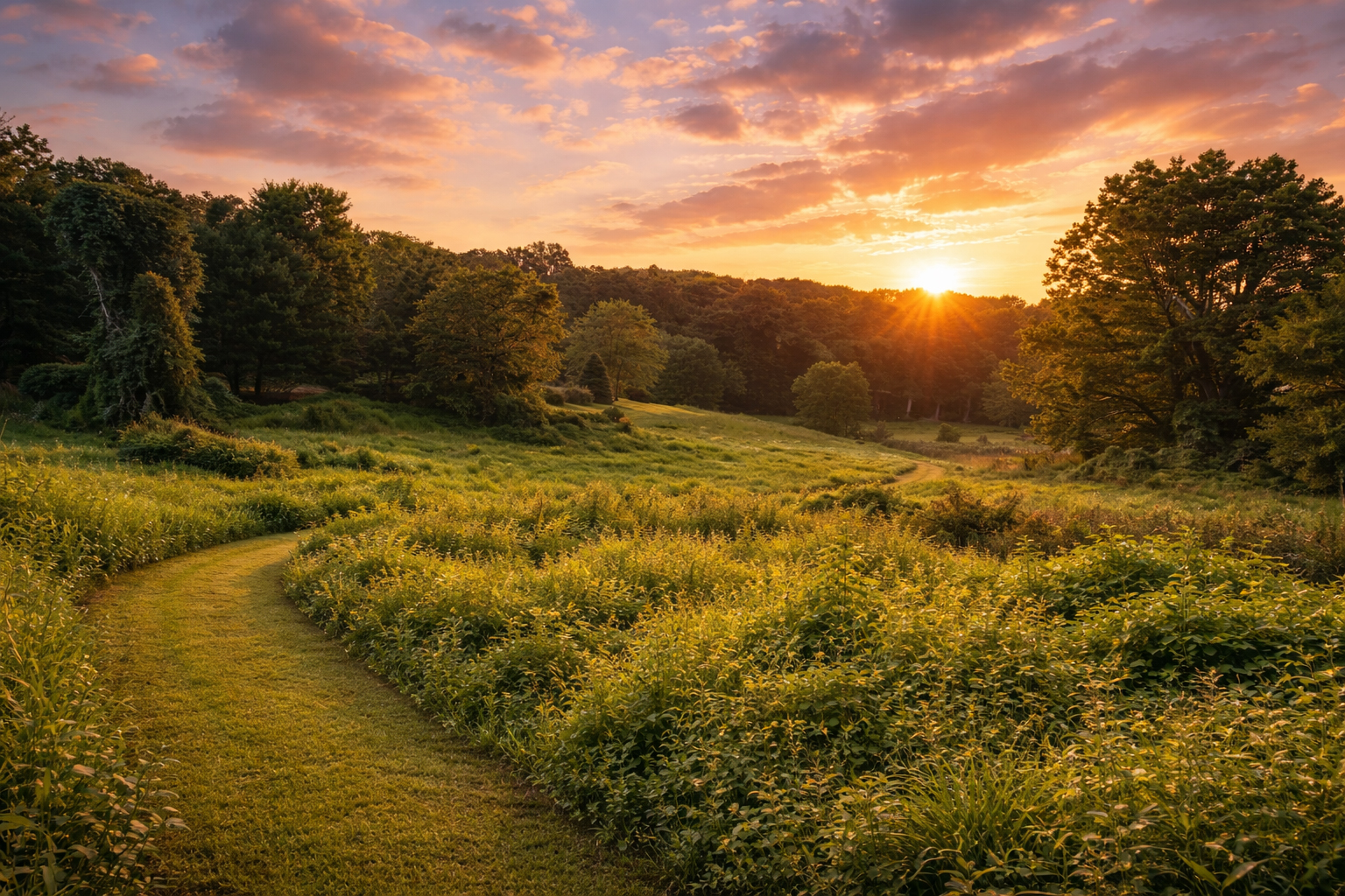 Spring Meadows nature trail at golden sunset